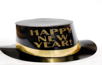 black hat with gold sign that reads Happy New Year!